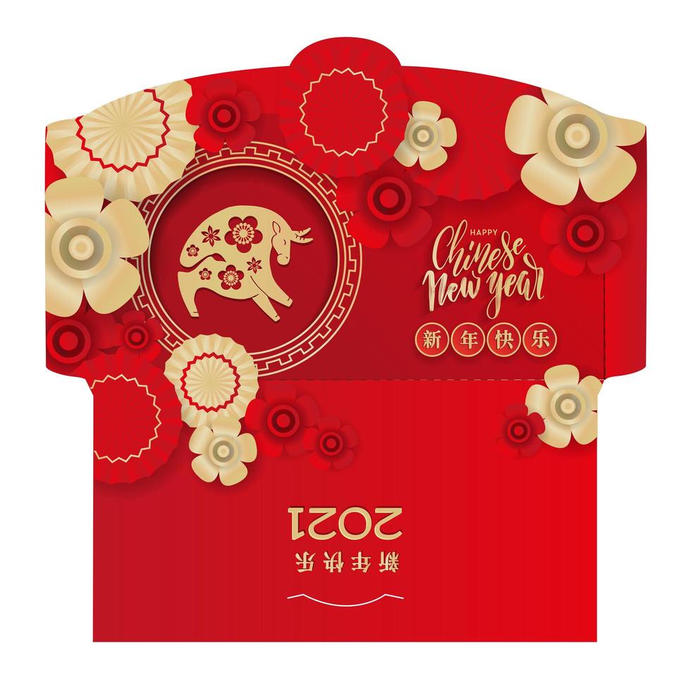 ano novo dinheiro envelope vermelho ang pau design. ano do boi com muitas flores e guarda-chuvas. tradução de hieróglifo chinês - feliz ano novo. touro dourado em flores. pronto para impressão com pacote cortado vetor