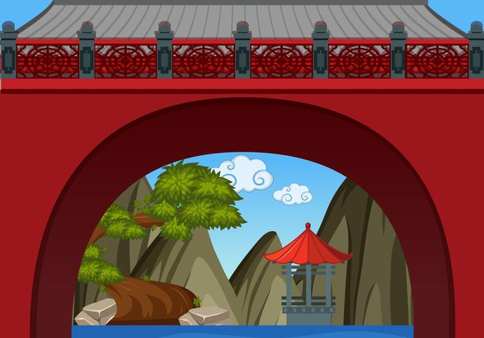 Fundo do tema chinês com parede e pavilhão vetor