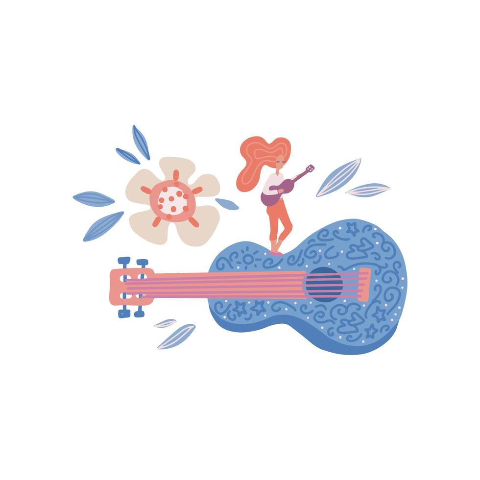 estrelas do rock personagem de vetor desenhado à mão plana. músico de mulher pequena tocando guitarra enorme. guitarrista feminina ficar no instrumento musical em estilo floral escandinavo. design de cartaz de festival de música