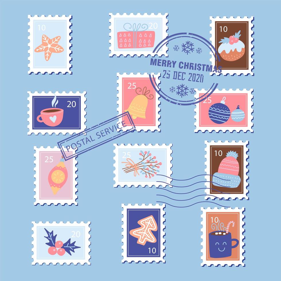 selos de natal com elementos de natal - caixa de presente, pão de gengibre, copo e azevinho. ilustração vetorial plana desenhada à mão vetor