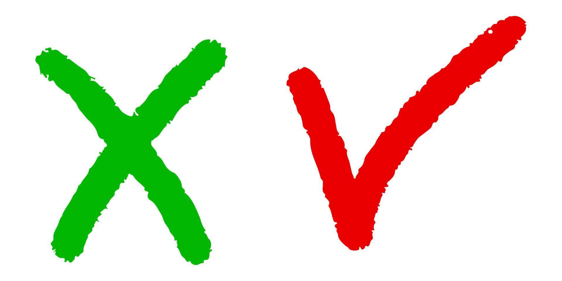 ícone certo e errado. mão desenhada de marca de seleção verde e cruz vermelha isolada na ilustração background.vector branco. vetor