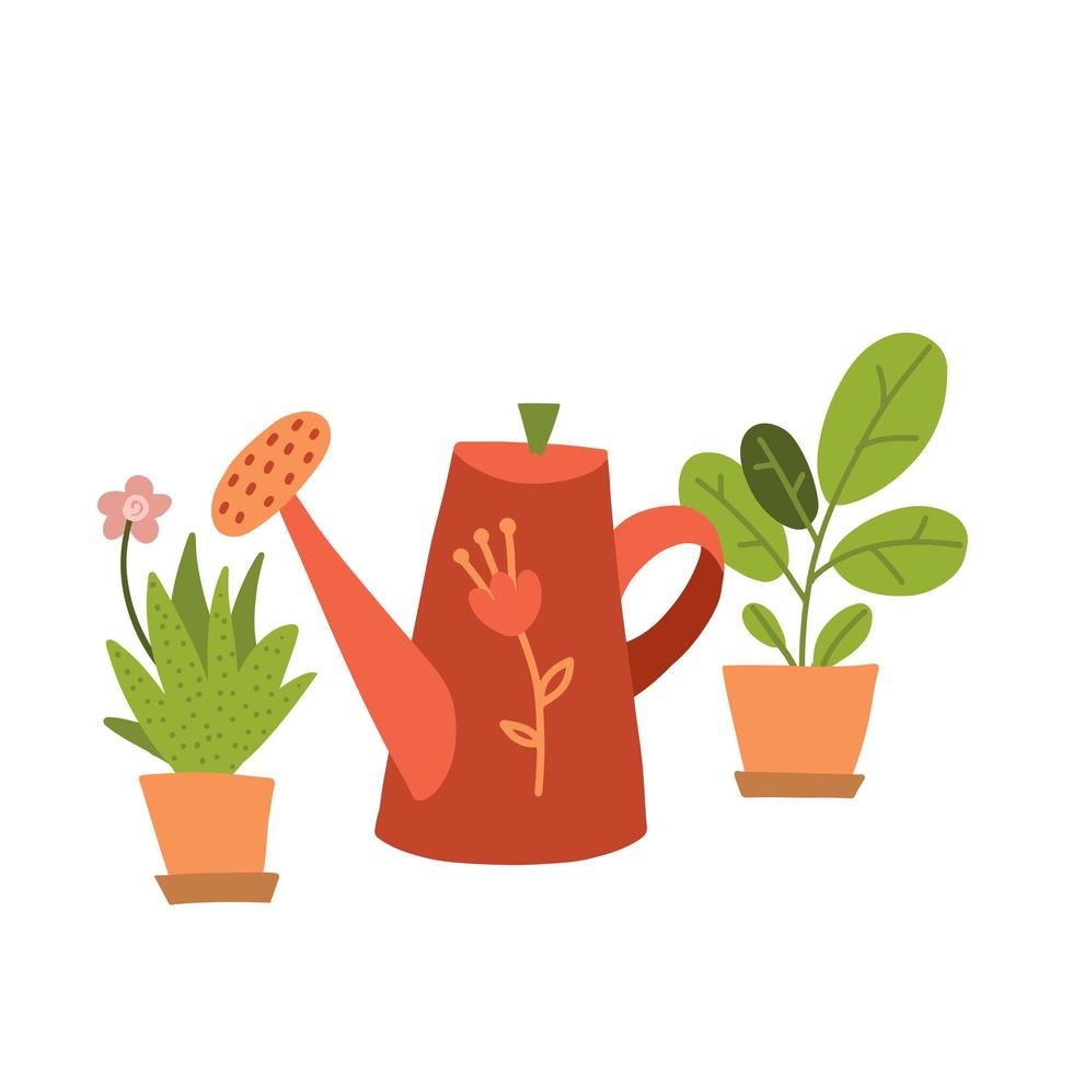 plantas exuberantes abstratas em vasos de flores e regador retrô vermelho. ilustração de jardinagem doméstica em estilo moderno de arte plana simples. ilustração vetorial isolada em branco vetor