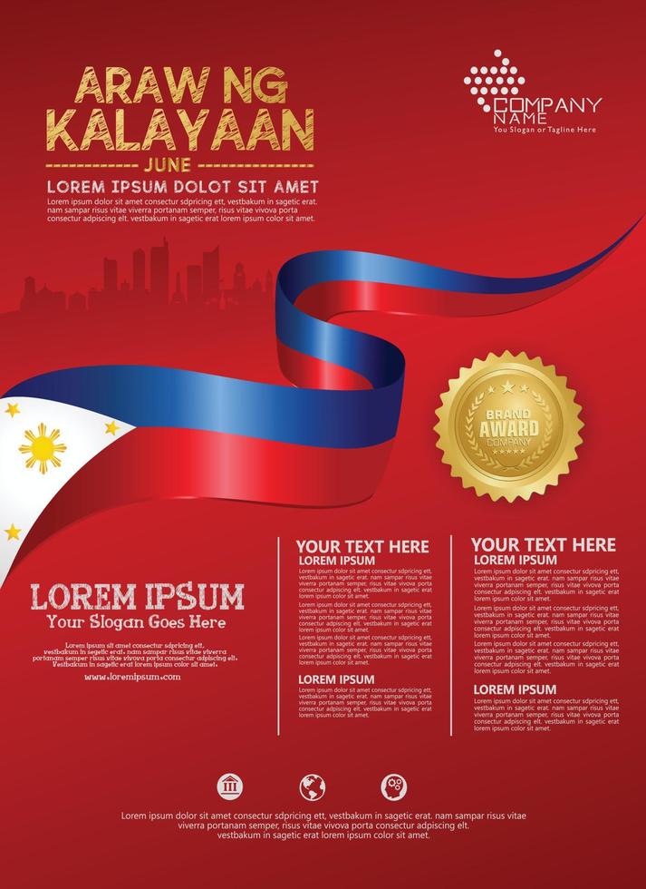 modelo de plano de fundo feliz dia nacional das filipinas com bandeiras de fita e cidade de silhueta para um folheto de pôster e brochura vetor