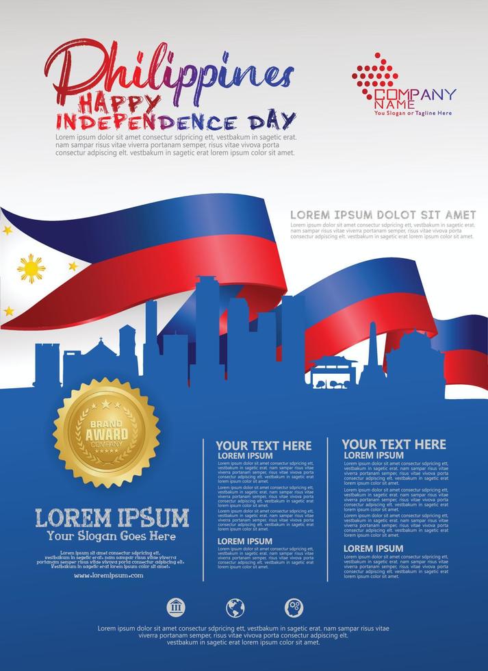 modelo de plano de fundo feliz dia nacional das filipinas com bandeiras de fita e cidade de silhueta para um folheto de pôster e brochura vetor