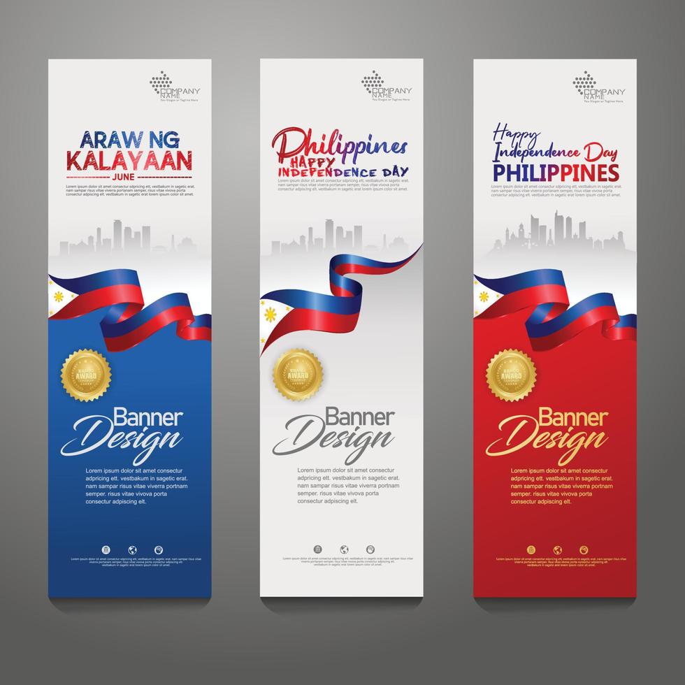 definir modelo de design de banner vertical. feliz dia da independência filipinas fundo moderno com bandeira de fita, fita de prêmio de ouro e cidade de silhueta vetor