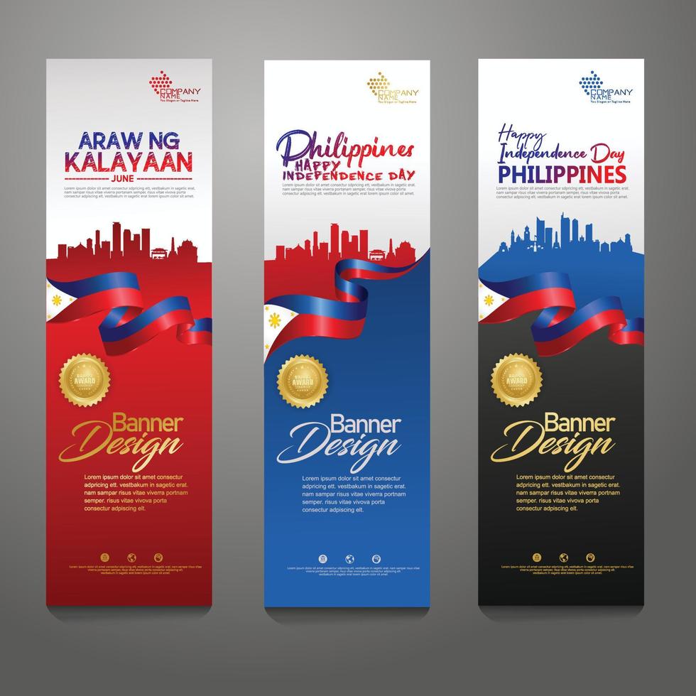 definir modelo de design de banner vertical. feliz dia da independência filipinas fundo moderno com bandeira de fita, fita de prêmio de ouro e cidade de silhueta vetor