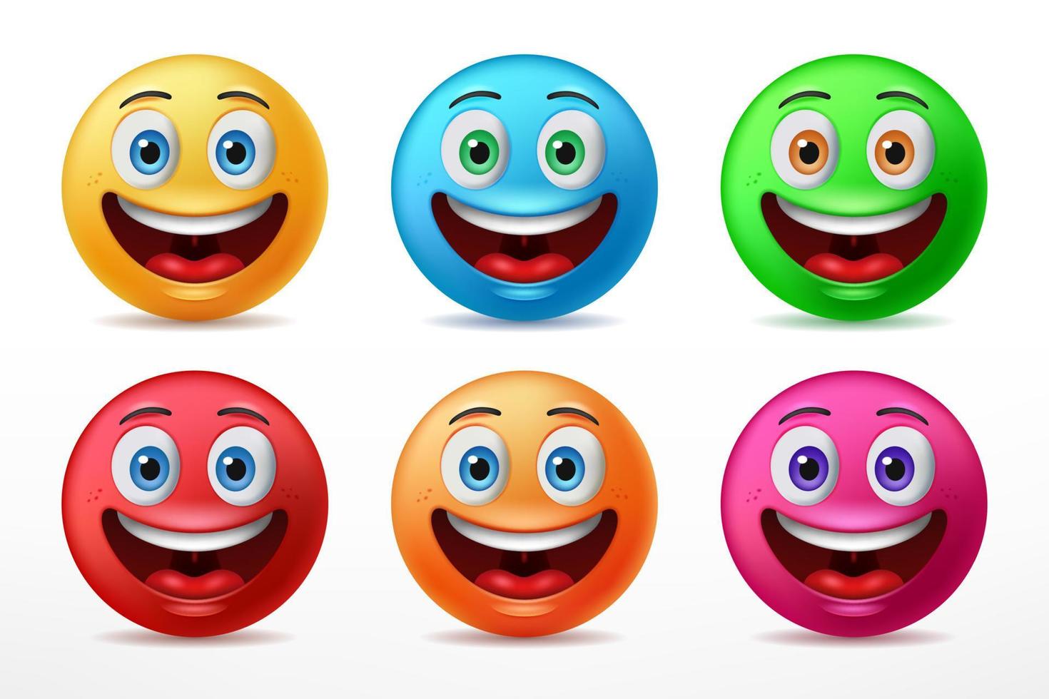 personagens de emoticon de rostos sorridentes com seis expressões faciais felizes de cores predefinidas. ilustração vetorial realista 3D vetor