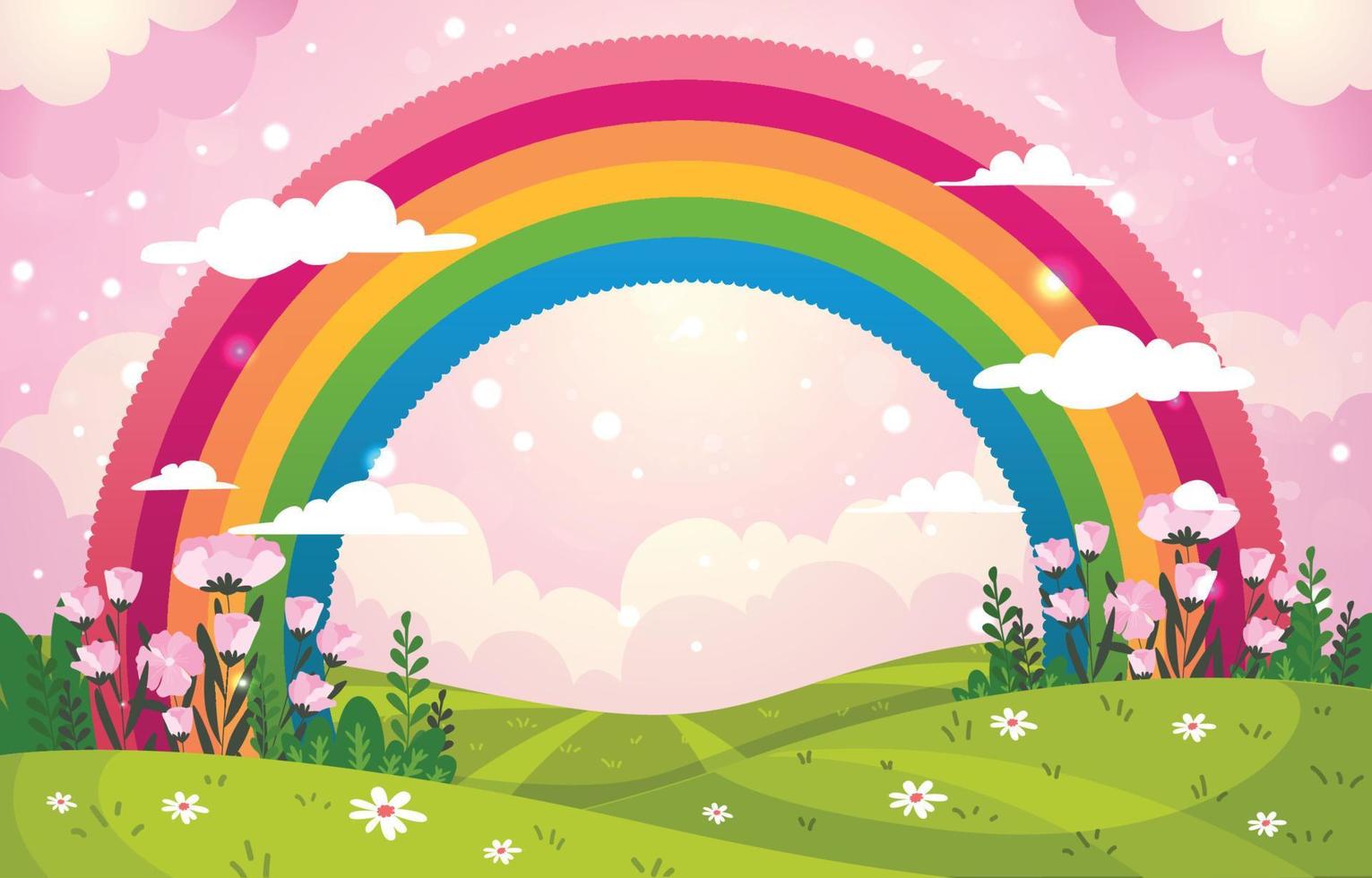 bakground arco-íris com paisagem verde vetor