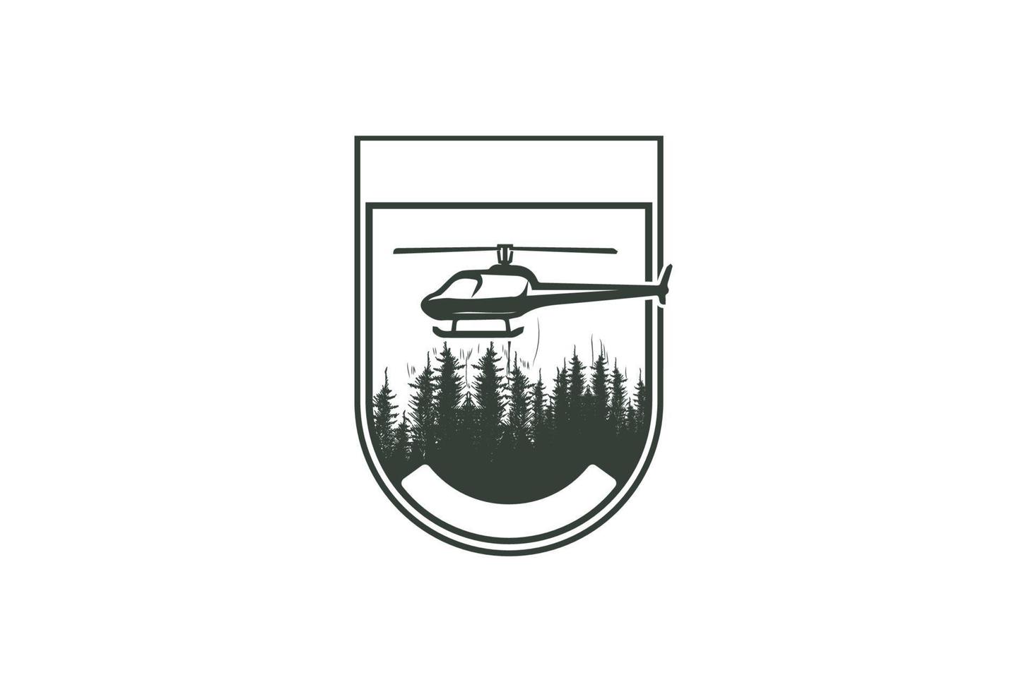 Helicóptero vintage com floresta de pinheiros lariços de cedro coníferas para vetor de design de logotipo de resgate militar