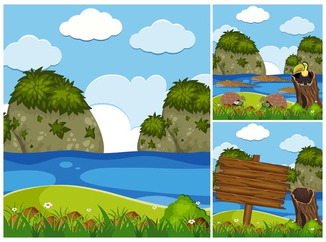 Três cenas da natureza com crocodilos no rio vetor