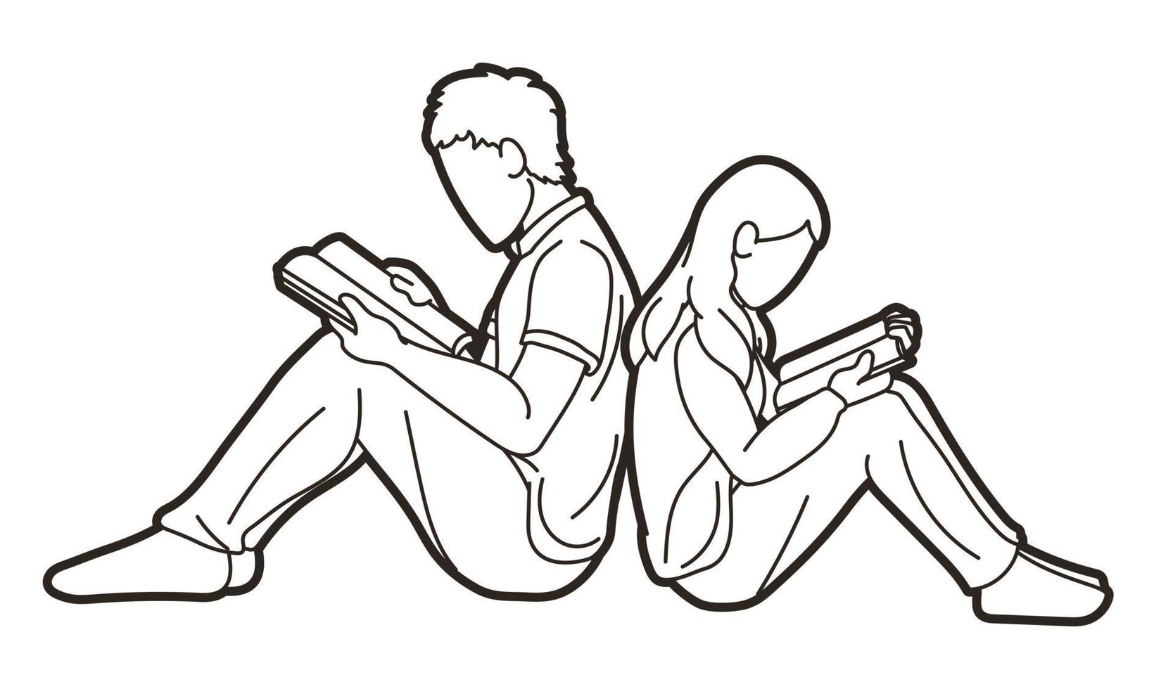 masculino e feminino lendo livros juntos vetor gráfico de desenho animado