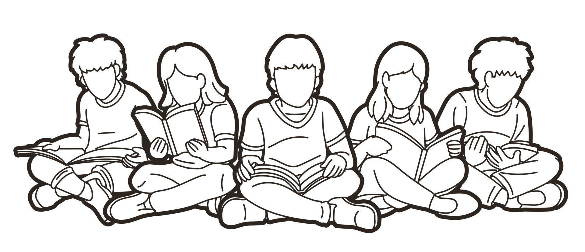grupo de esboço de crianças lendo livros juntos vetor