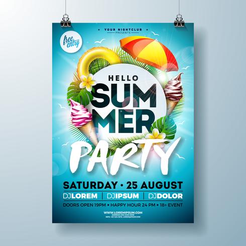 Vector verão festa Flyer Design com carta de tipografia, pára-sol e sorvete no fundo do oceano azul. Modelo de ilustração de férias de férias de verão