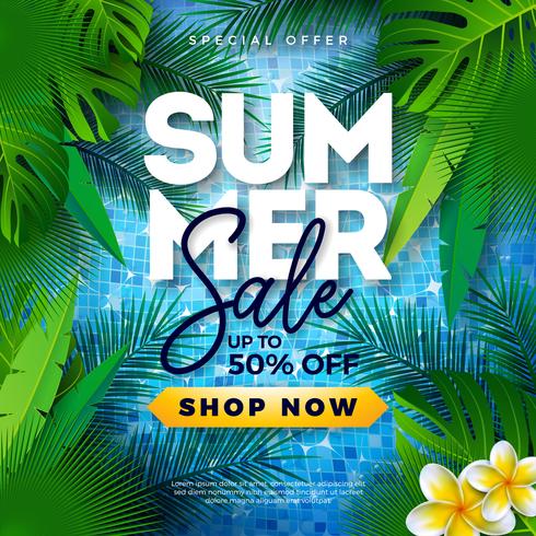 Projeto da venda do verão com folhas de palmeira e a flor tropicais no fundo azul. Oferta especial de ilustração vetorial com elementos de férias de verão vetor