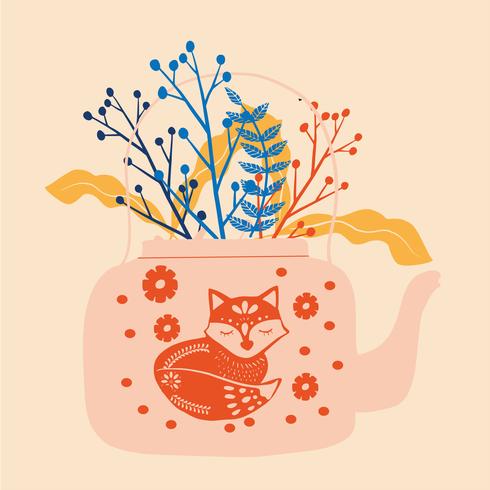 bule de chá de arte folclórica com ilustração em vetor impressão bloco flor