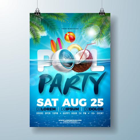 Molde do projeto do cartaz da festa na piscina do verão com folhas de palmeira, água, bola de praia e flutuador no fundo subaquático azul do oceano. vetor