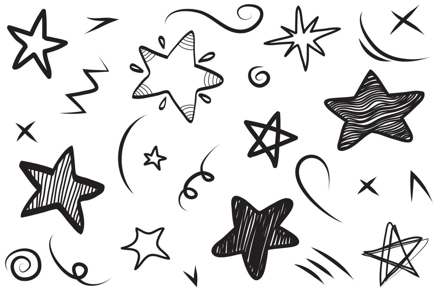 conjunto de estrelas de doodle desenhadas à mão preta em isolado no fundo branco. vetor