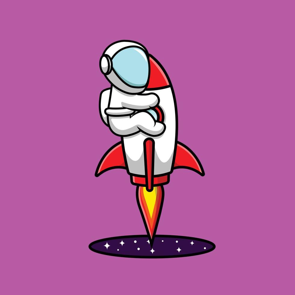 astronauta bonito voando com foguete de uma ilustração de ícone de vetor de desenho animado buraco negro. ciência tecnologia ícone conceito isolado vetor premium. estilo de desenho animado plano