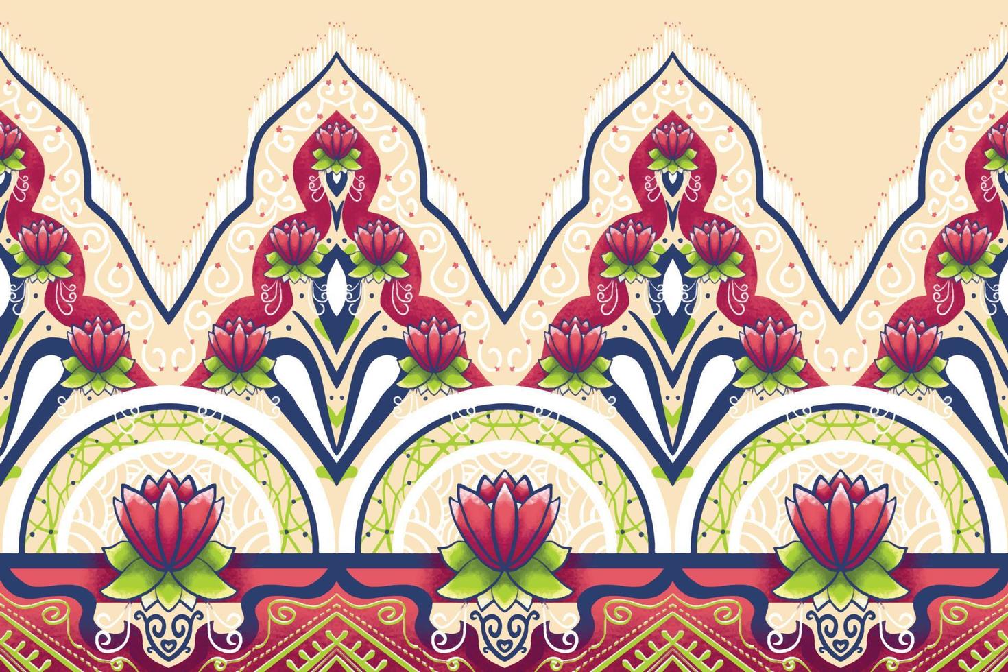 flor rosa em bege marfim, verde, azul marinho padrão oriental geométrico étnico design tradicional para plano de fundo, tapete, papel de parede, roupas, embrulho, batik, tecido, estilo de bordado de ilustração vetorial vetor