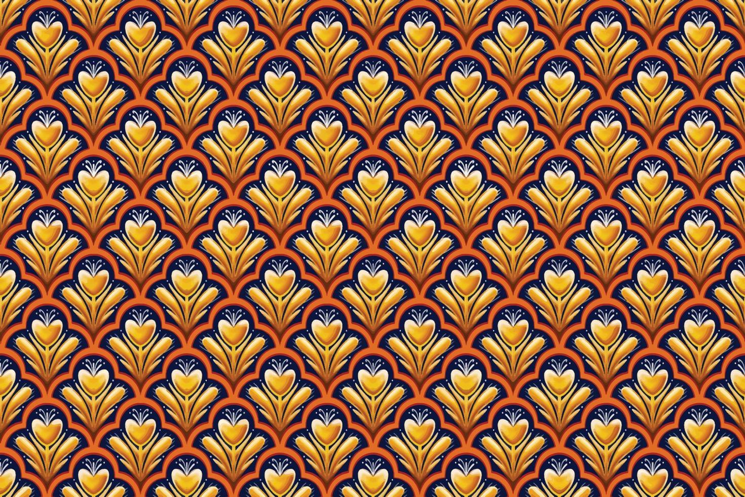 flor amarela em azul marinho, branco, laranja padrão geométrico oriental design tradicional para plano de fundo, tapete, papel de parede, roupas, embrulho, batik, tecido, estilo de bordado de ilustração vetorial vetor