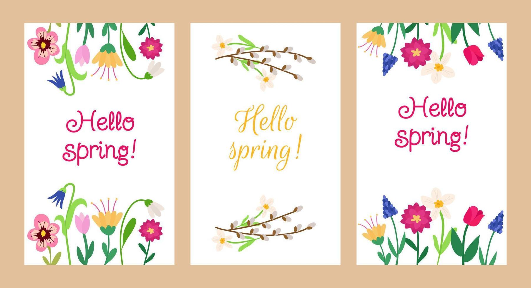 Olá Primavera. um conjunto de cartões postais com cores brilhantes de peônia, muscari, tulipa, amores-perfeitos, floco de neve, camomila e uma inscrição. design colorido para férias vetor