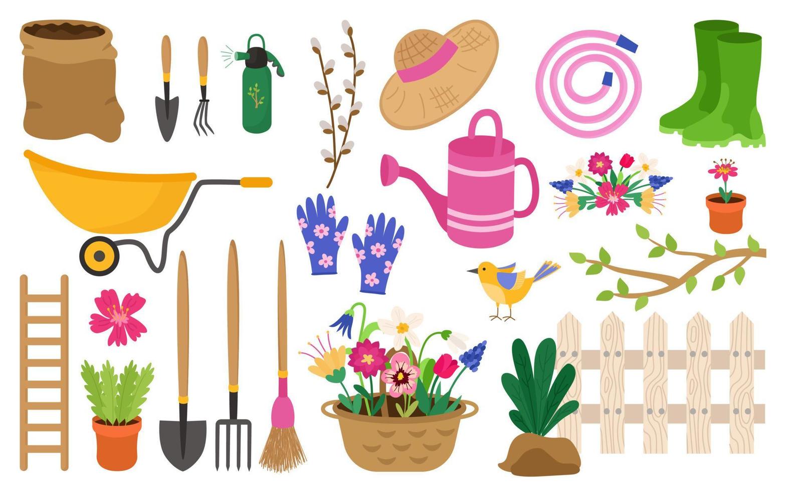 conjunto brilhante de primavera de jardinagem. ferramentas, luvas, carrinho de mão, pá, vassoura, pulverizador, cerca, botas de borracha, galho de árvore, flores, cesta, chapéu, regador, salgueiro. itens vetoriais para a agricultura. vetor