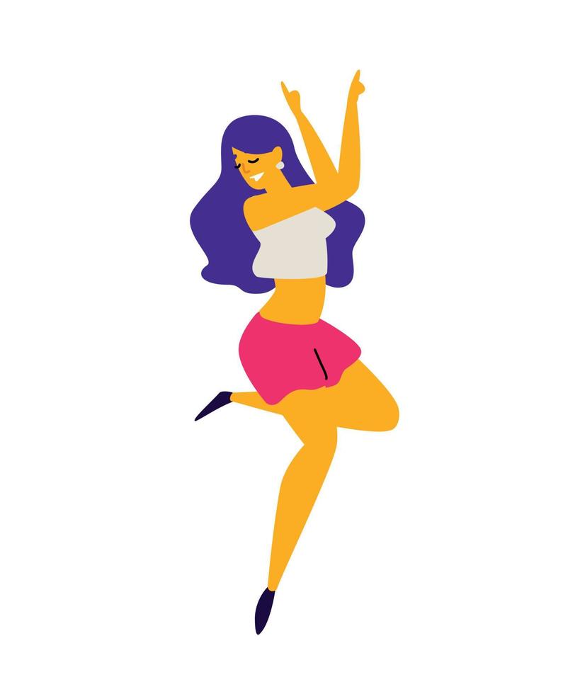 dançarina alegre em shorts e regata. vetor. ilustração de uma jovem rindo. personagem para o estúdio de dança. estilo plano. fêmea sexy positiva. personagem na discoteca. vetor