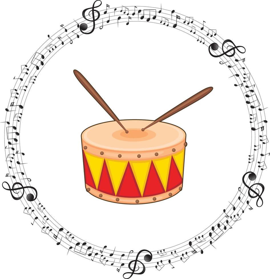 um tambor com notas musicais em fundo branco vetor