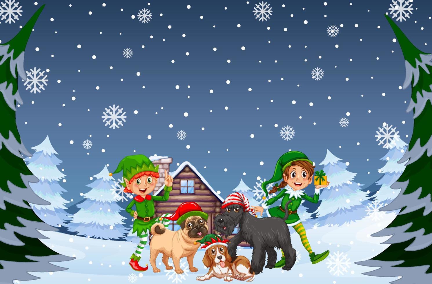 cena de noite de neve com elfo e cães em estilo cartoon vetor