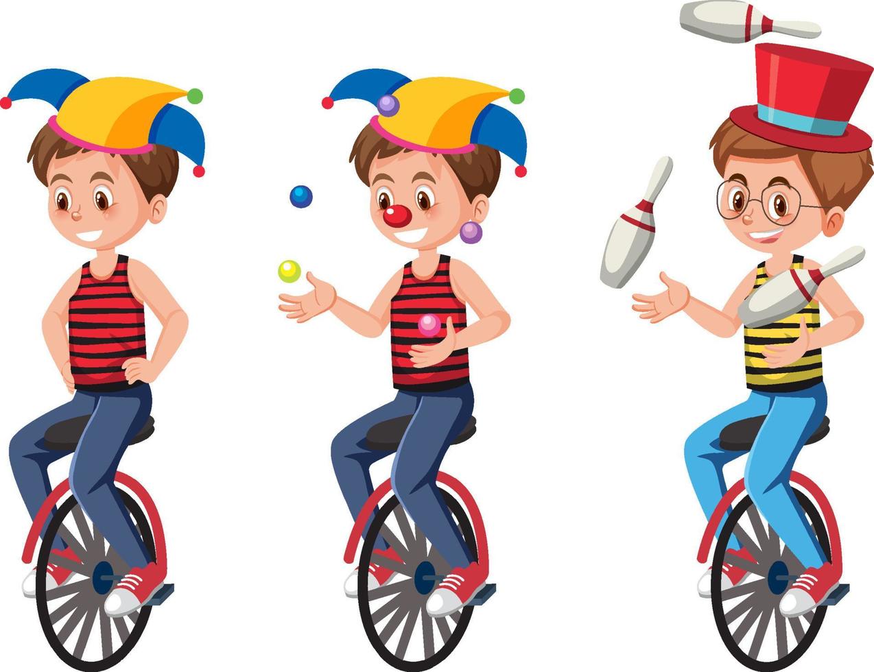 conjunto de palhaço realizando personagem de desenho animado em monociclo vetor