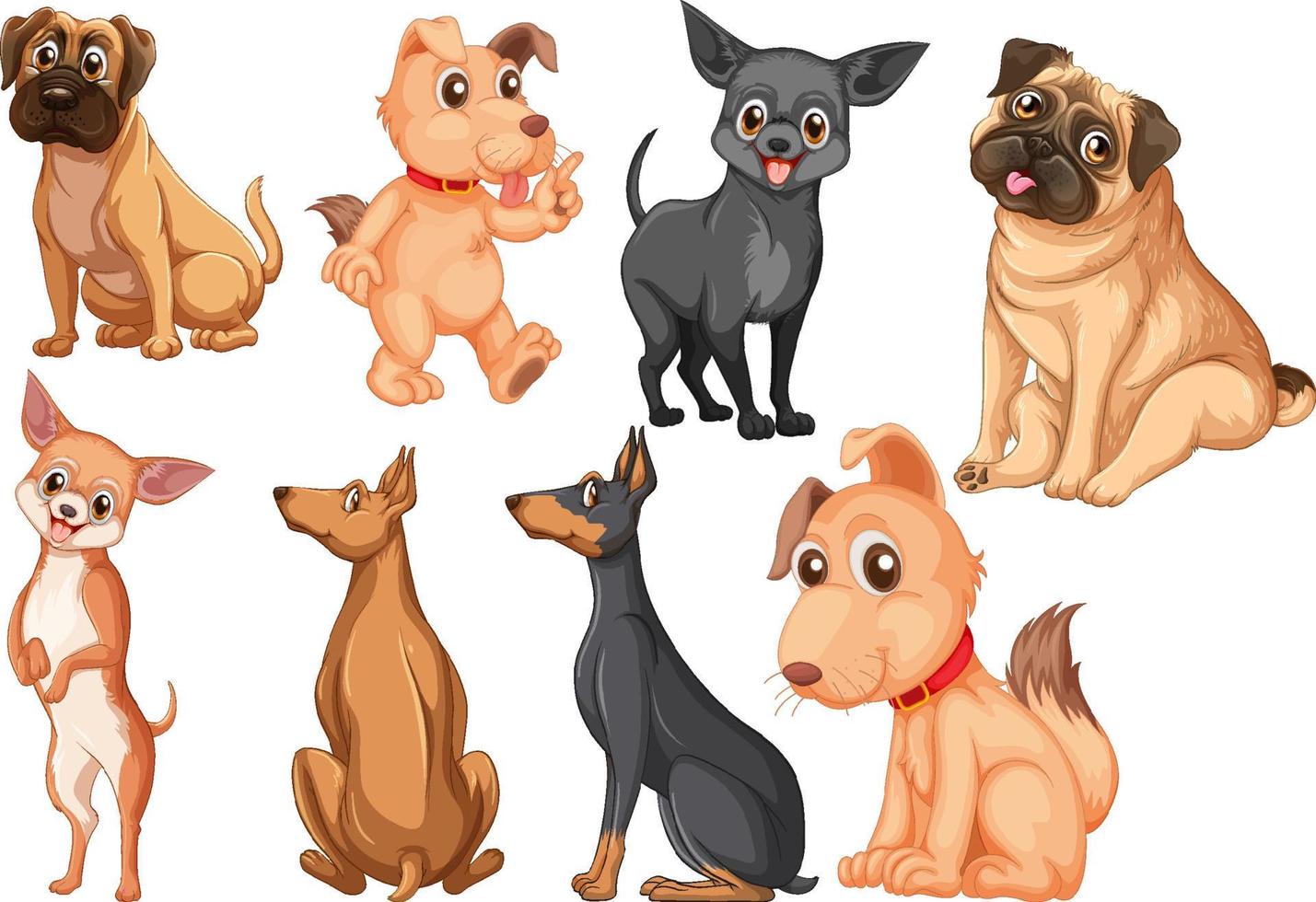 conjunto de diferentes raças de cães em estilo cartoon vetor