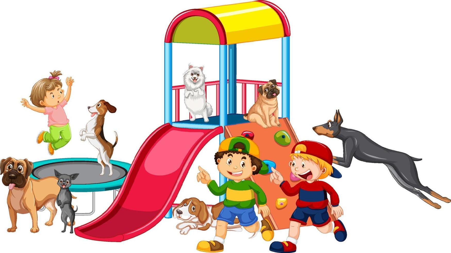 crianças brincando com seus cães no playground vetor