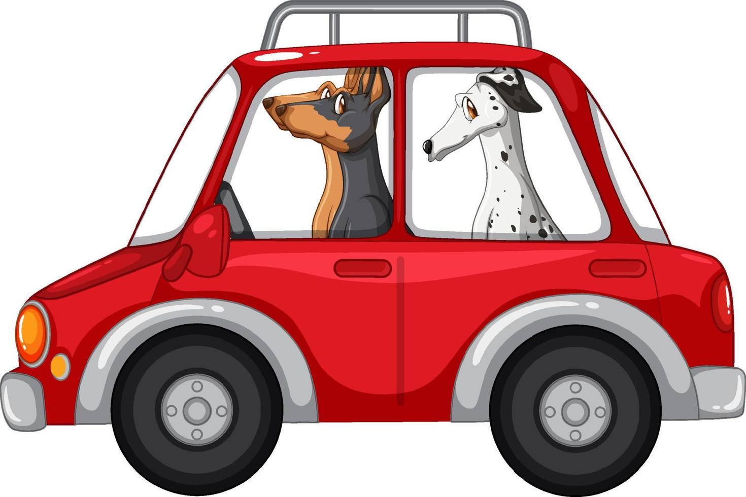 três cães dirigindo em carro vermelho vetor