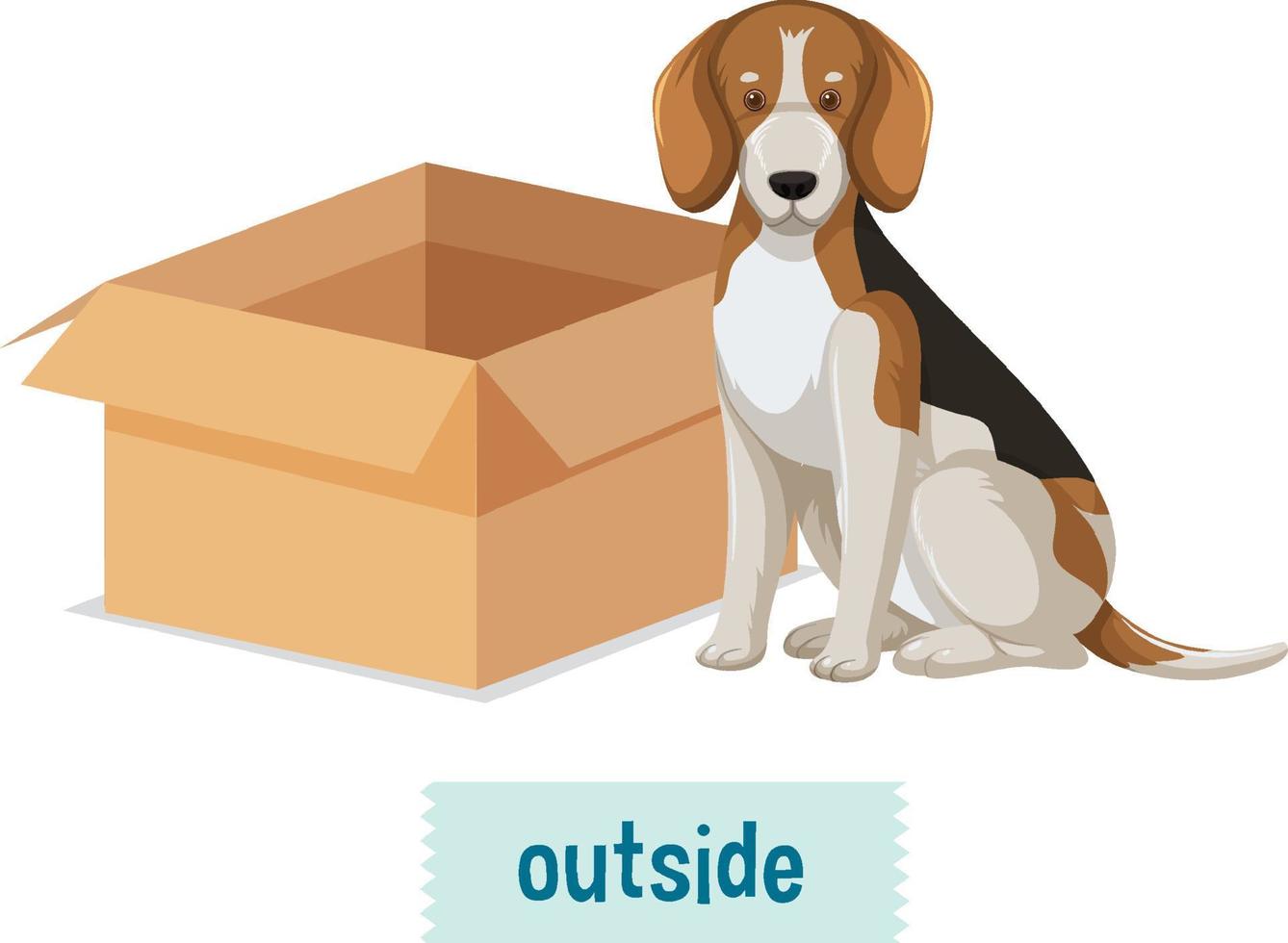 design de cartão de palavras de preposição com cachorro e caixa vetor