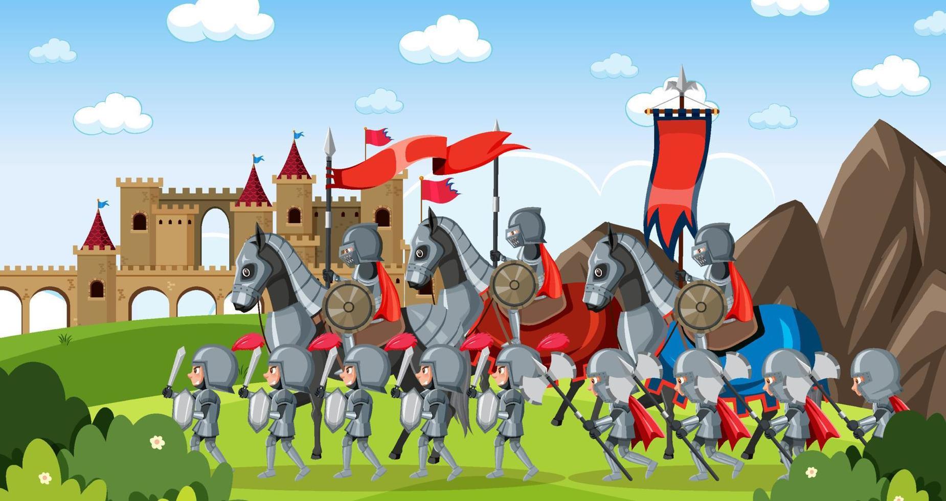 cena ao ar livre medieval com exército de cavaleiros blindados vetor