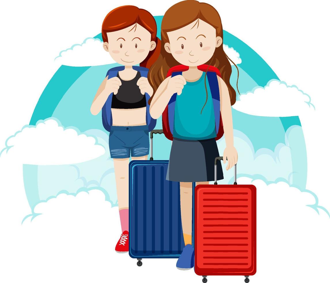 meninas felizes viajam tema de férias com mochila vetor