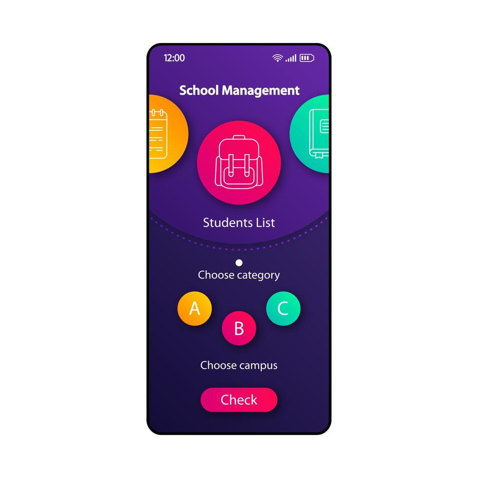 modelo de vetor de interface de smartphone de gerente de vida escolar. layout de design de cor de página de aplicativo móvel. tela do planejador de alunos. interface do usuário plana para aplicação. display de telefone organizador de educação universitária ..