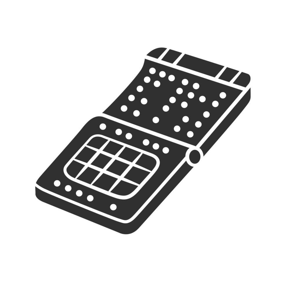 ícone de glifo de smartphone de impressão braille. telefone com braille, display tátil, tela. gadget de pessoa cega, avanço tecnológico. símbolo de silhueta. espaço negativo. ilustração vetorial isolada vetor