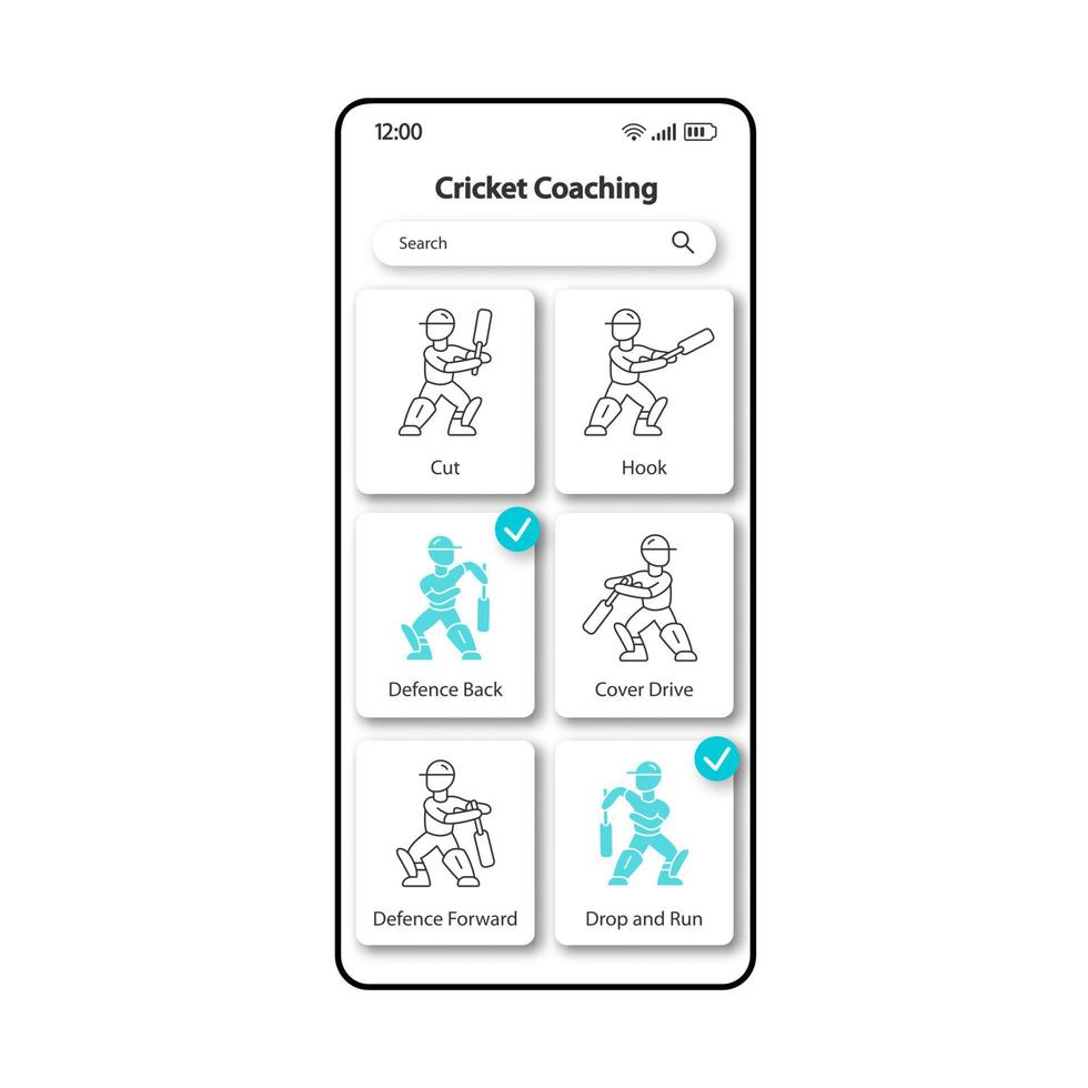 modelo de vetor de interface de smartphone de treinamento de habilidades de críquete. layout de design de cor de página de aplicativo móvel. tela de treinamento esportivo. ui linear para aplicação. jogador de críquete que bate a tela do telefone da bola ..