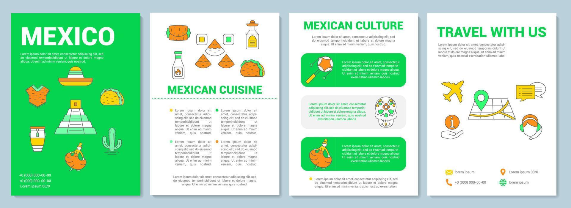 layout de modelo de folheto do méxico. viagem mexicana, passeio. folheto, livreto, design de impressão de folheto com ilustrações lineares. layouts de página vetorial para revistas, relatórios anuais, cartazes publicitários vetor