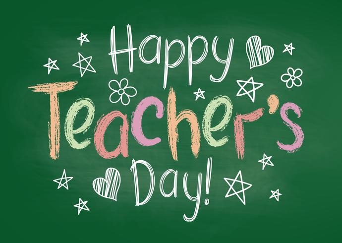Feliz dia dos professores cartão ou cartaz no quadro de giz verde no estilo esboçado com estrelas handdrawn e corações. vetor