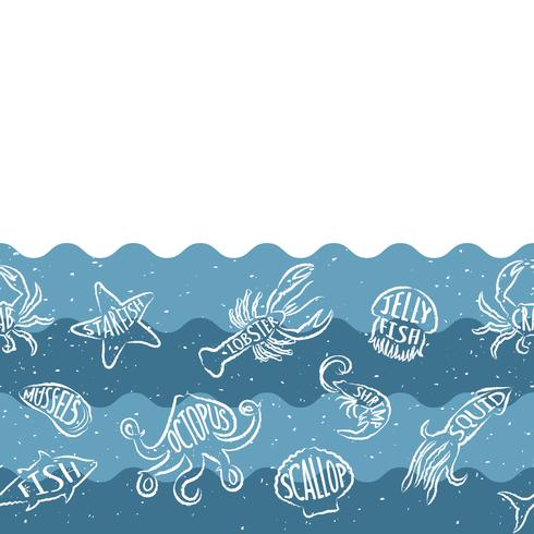 Padrão de repetição horizontal com produtos de frutos do mar. Banner sem emenda de frutos do mar com animais debaixo d&#39;água. Projeto da telha para o restaurante, a indústria alimentar de peixes ou a loja do mercado. vetor