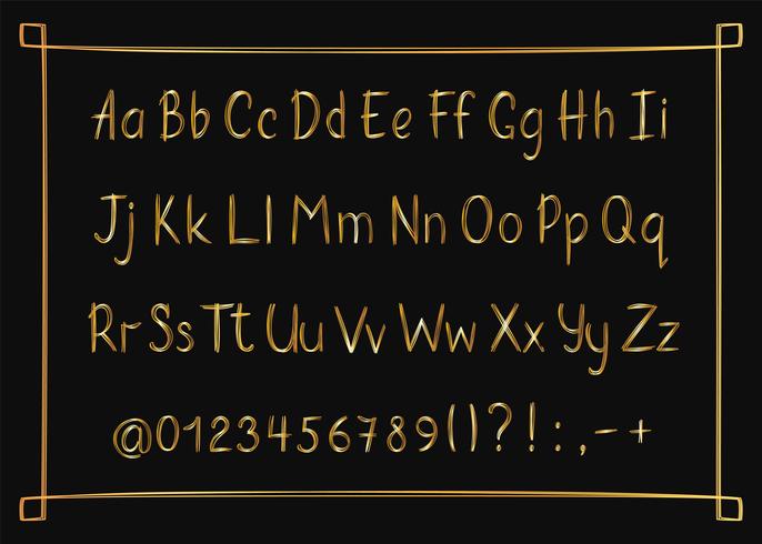 Alfabeto dourado no estilo esboçado com frame. Vector letras manuscritas lápis, números e sinais de pontuação. Fonte de caligrafia de caneta de ouro.