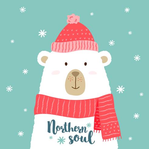 Vector a ilustração do urso bonito dos desenhos animados no chapéu e no lenço mornos com a rotulação escrita mão - alma do norte - para cartazes, t-shirt imprime, cumprimentando cartões de Natal.