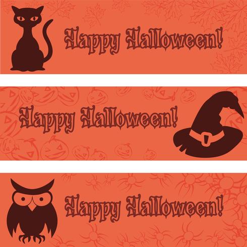 Banners de Halloween, cartazes com elementos halloween gato preto, chapéu, coruja. vetor