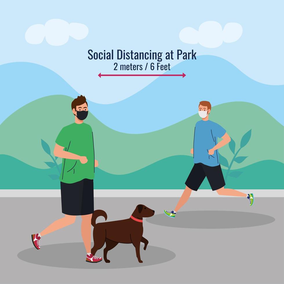 distanciamento social entre homens com máscaras e cachorro correndo no parque vector design