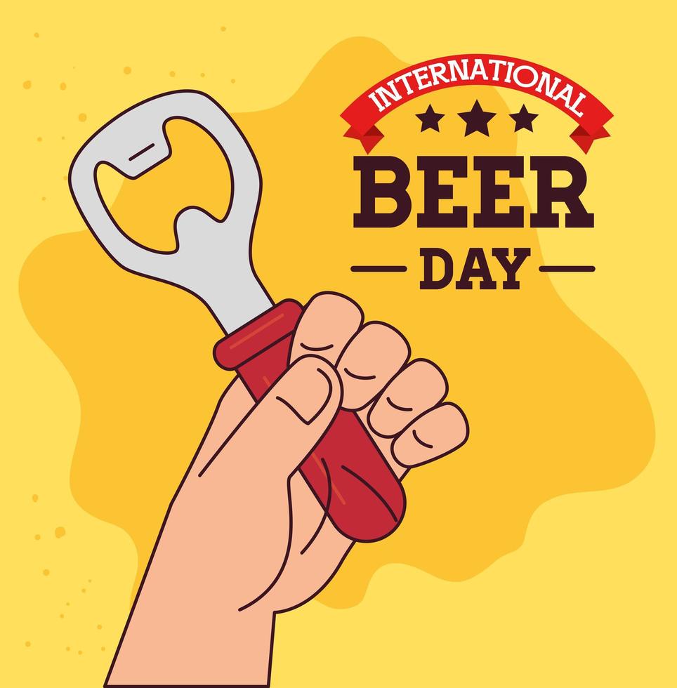 dia internacional da cerveja, agosto, com a mão segurando um abridor de garrafas vetor