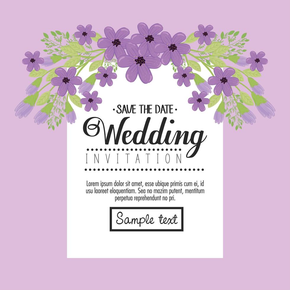 convite de casamento com flores roxas e folhas vetoriais design vetor