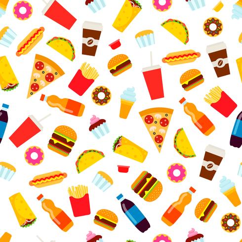 Padrão sem emenda de fast-food colorido. Vetor de junk food, repetindo o fundo para o design têxtil, papel de embrulho, papel de parede.