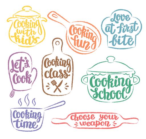 Coleção de cor grunge contornada rótulo ou logotipo de cozinha. Cozinhar a ilustração vetorial com letras de mão escrita, caligrafia. Cozinhe, chef, ícone de utensílios de cozinha ou logotipo. vetor